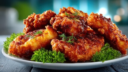 Fototapeta premium Crispy Fried Chicken Pieces Resting on a White Plate Surrounded by Fresh Green Parsley Garnish in a Brightly Lit Dining Setting