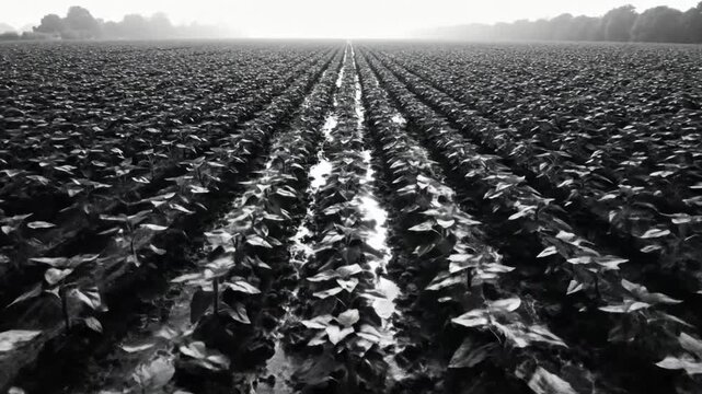 Black and white view of a field of young plants growing in rows with water in the furrows