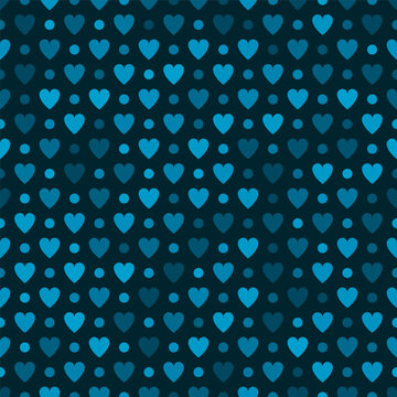 Denim blue seamless pattern featuring stylized light blue heart shapes