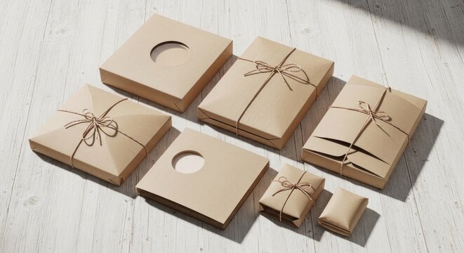 A set of six brown paper boxes tied with string, arranged on a white wooden surface with shadows cast by the boxes.