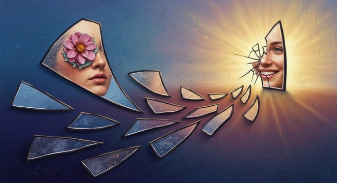 A surreal, fragmented image of a face with a flower in its eye, emerging from a broken mirror, with a sunburst in the background.