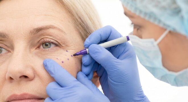 Doctor marking crow's feet on mature woman for cosmetic injection