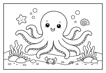 Cute Octopus Underwater Coloring Page © Hokyubi