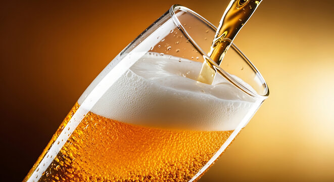 Beer pouring into a glass with foam on a golden background