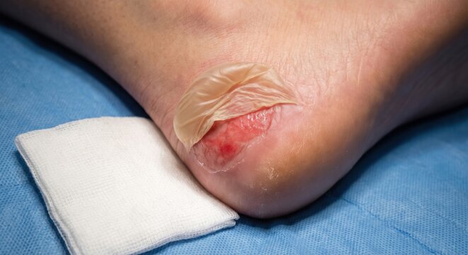 Drained blister on heel showing raw red skin