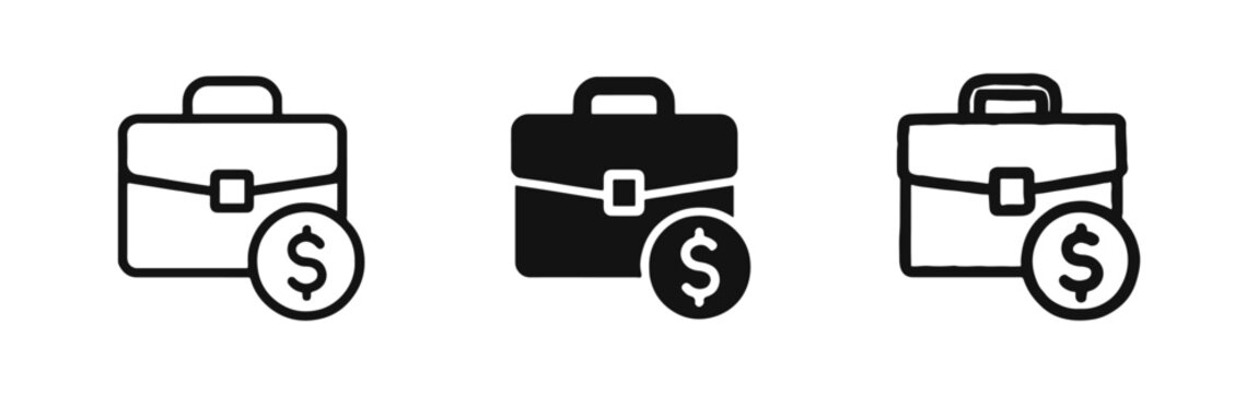 Business Portfolio Icon Set - Briefcase with Dollar Coin in Outline, Glyph, and Hand Drawn Styles