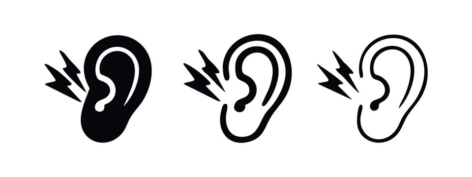 Ear Pain or Tinnitus Icons Set - Solid, Outlined, and Hand-Drawn Style for Medical Symptoms