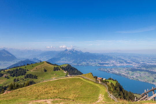 Picturesque view of the Swiss Alps and lake from Rigi mountain, Switzerland
