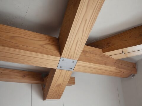 Wooden ceiling beams with metal joints