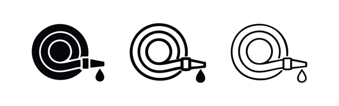 Fire hose with water drop icon set. Vector illustration of firefighting equipment.