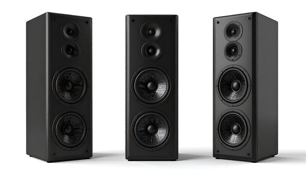 Three sleek black tall speakers arranged in a row, isolated on a clean white background