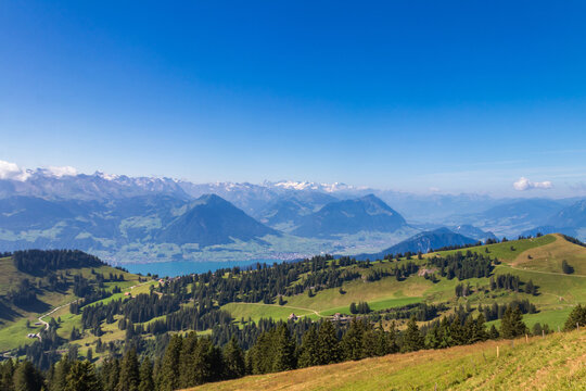 Picturesque view of the Swiss Alps and lake from Rigi mountain, Switzerland