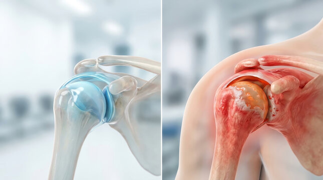 Healthy joint vs arthritis inflammation shoulder anatomy medical illustration showing normal cartilage contrasted with painful swollen bone and tissue in clinic background for healthcare education