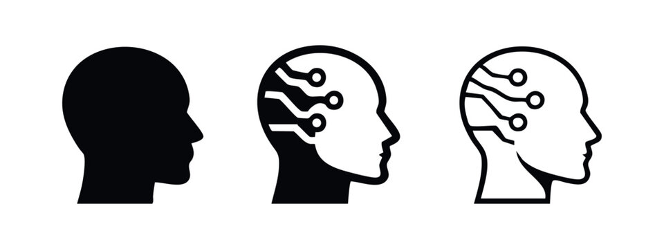 AI brain icon set. Human head silhouette with simple circuit board symbol for artificial intelligence and technology.