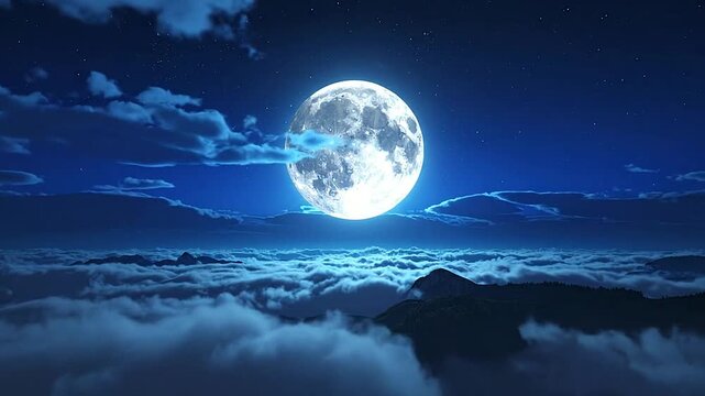 A bright full moon shines in the night sky above the clouds and distant mountains
