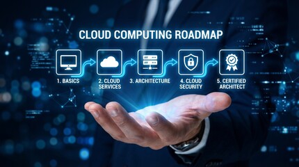 Fototapeta premium A person presenting a cloud computing roadmap with icons and steps in a futuristic setting