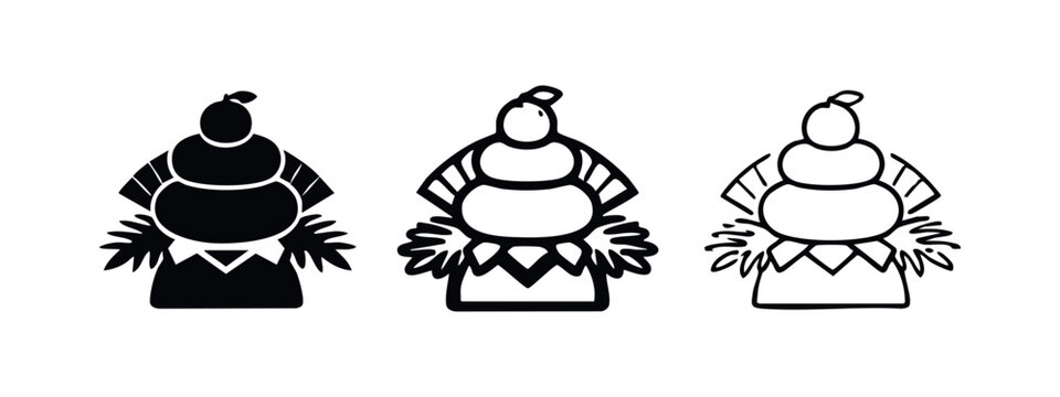 Set of black and white Japanese Kagami Mochi icons on a white background