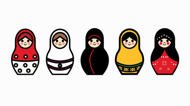 Five nesting dolls, outlined in black, decorated with colorful patterns and smiling faces