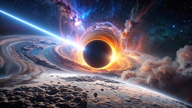 A cosmic view of a celestial body with a bright energy beam and swirling nebulas in space