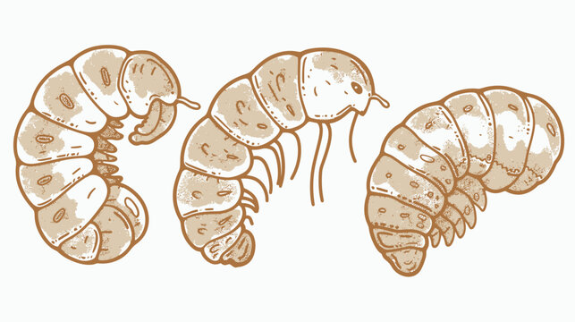 Three stylized, segmented insect larvae in various poses against a white backdrop
