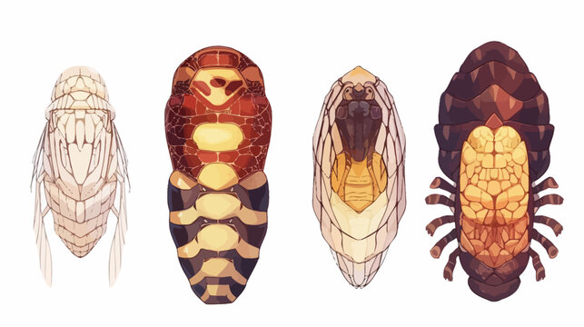 Four insect pupae in a row, top-down view, detailed pixelated rendering on white ground