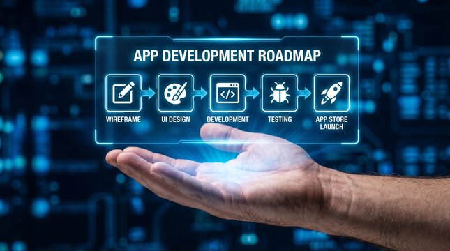 A hand holding a glowing app development roadmap with wireframe, UI design, development, testing, and app store launch stages.