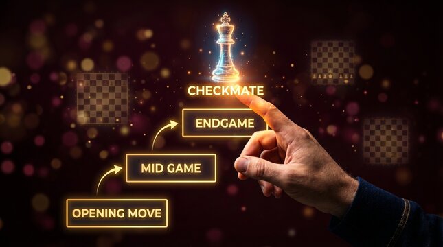 A hand pointing to a glowing chess piece with a flowchart of game stages in the background