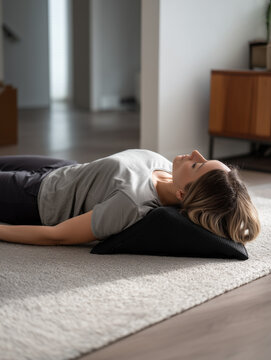 Frau liegt entspannt zur R&uuml;ckenentlastung, &Uuml;bung f&uuml;r Reha, Physiotherapie und Pilates, Linderung von Schulter- und R&uuml;ckenschmerzen