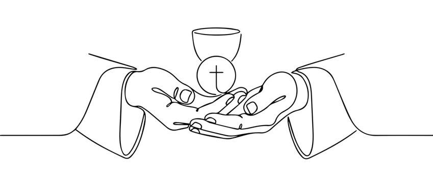 Hands holding chalice and Holy Eucharist line drawing. Catholic communion sacrament concept. Minimalist continuous line vector illustration