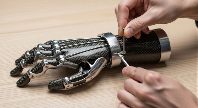 Hands using screwdriver to assemble carbon fiber prosthetic hand