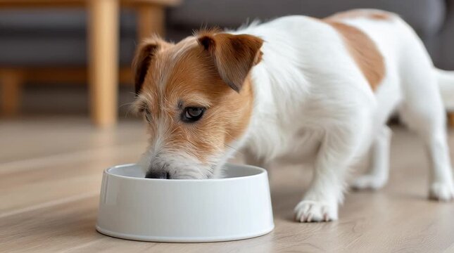 Slow tracking shot of dog puppy lapping water from bowl on wooden living room floor indoors