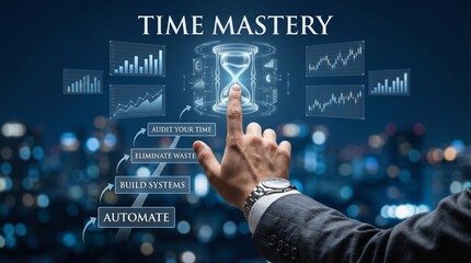 Obraz premium A person in a business suit interacting with a futuristic time management interface