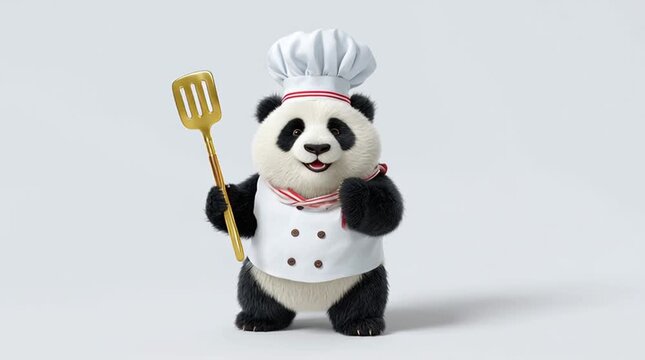 Static shot of panda chef character waving and holding gold spatula on white studio background