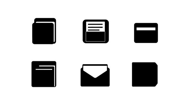 Six simple black and white vector icons, representing documents, envelopes, and organized information