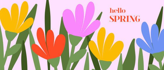 A creative spring banner featuring colorful abstract flowers on a pink background. An illustration with a floral pattern suitable for greeting cards and seasonal celebrations. A blooming plant motif. © Katerina