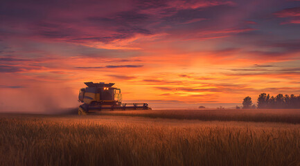 Naklejka premium Harvesting combine harvester working in a golden field at sunset