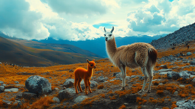 A llama and its cria stand in a vast mountain landscape under a cloudy sky