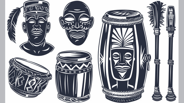 Graphic illustration of traditional African art masks, drums, a tribal face, drum sticks