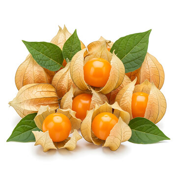 Pile of ripe golden berries with green leaves goldenberry