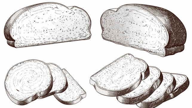 Four sketched sets of sliced bread, two unsliced loaves, in sepia tones, on white