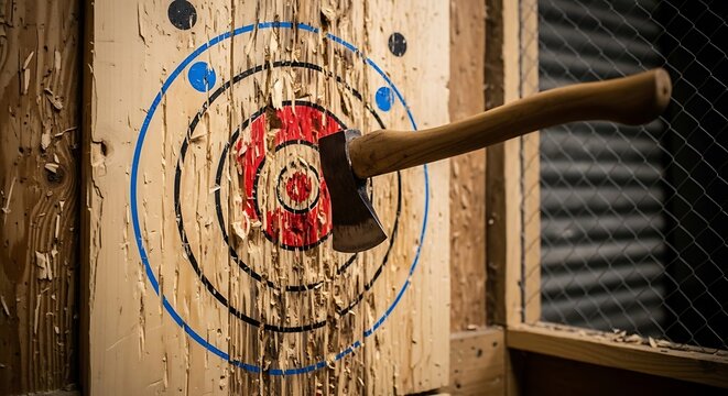 An axe lodged in a wooden target with concentric circles, showing sport activity