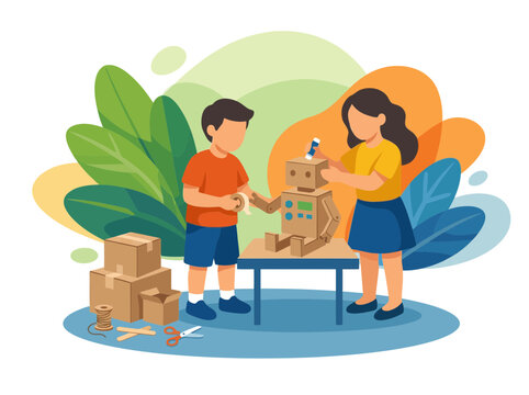 Children building a DIY robot from cardboard boxes