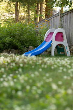 Child's slide in a backyard surrounded by green grass and flowers