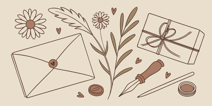 Vintage stationery and floral elements collection, vector