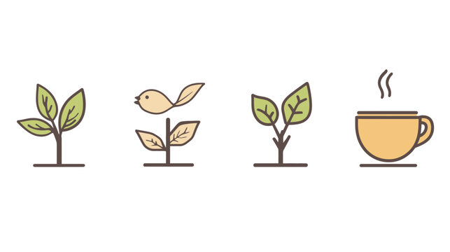 Stylized illustration featuring plants, a bird, and a steaming cup in a minimalist, flat design style