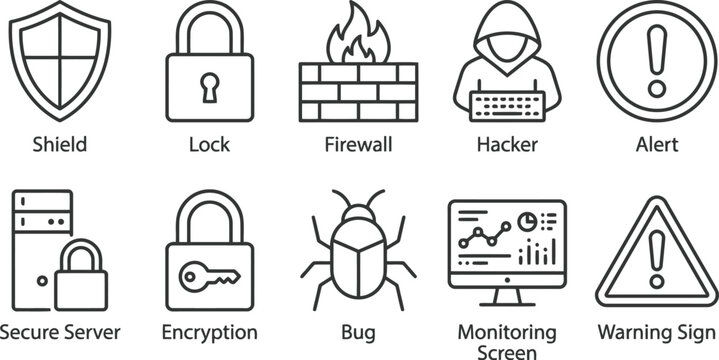 Cybersecurity icons set, security symbols, hacker alert