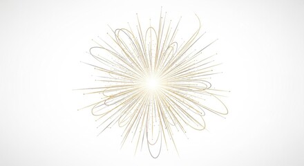 Obraz premium A golden starburst with a central point of light, surrounded by a network of golden lines and dots, against a white background.
