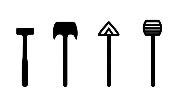 Four black-and-white silhouettes of tools with varied head shapes on long handles, centered on white