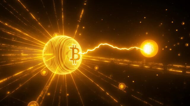 Decentralized Bitcoin blockchain network with glowing nodes connected by golden lightning lines, illustrating proof of work transactions in a futuristic 3D render background.