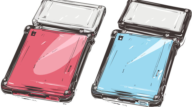 Two stylized flip phones with open covers, one red and one blue, on a white backdrop